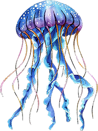 Purple and blue jellyfish floating underwater.