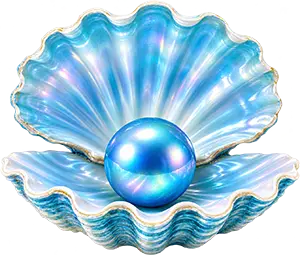 Blue decorative seashell holding a pearl against a tropical background.