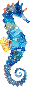 Blue decorative seahorse with colorful tropical details.
