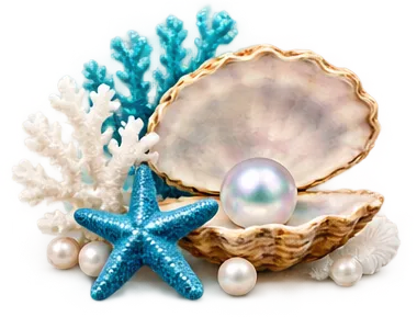 Large seashell with a pearl and blue coral decoration.