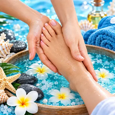 Relaxing foot massage beside a tropical blue spa setting.