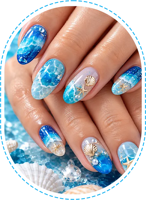 Close-up of manicured blue and glitter nails