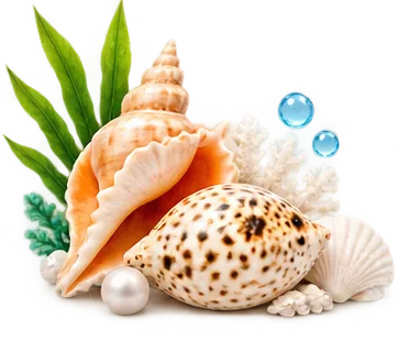 Large seashell surrounded by green leaves and blue bubbles.