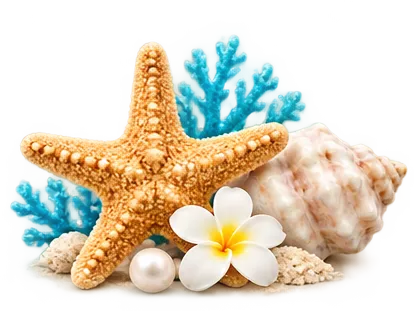 Starfish surrounded by coral and seashells on a beach.