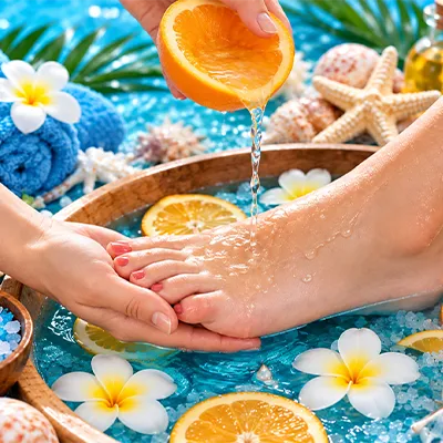 Feet soaking in a tequila-inspired spa bath with citrus and blue spa accents.