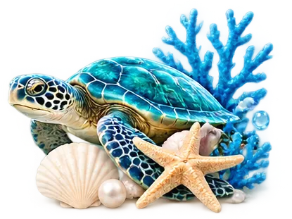 Sea turtle decoration surrounded by blue water and tropical elements.